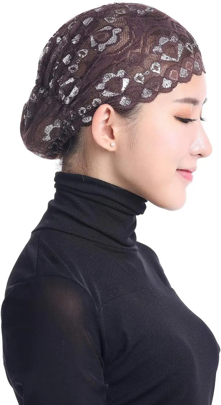 5 حزمة النساء تربان إسلامية الحجاب الداخلي قبعات لامعة الدانتيل غطاء رأس تمتد قبعة عمامة قبعة الكيماوي غطاء الرأس غطاء Turbante #1