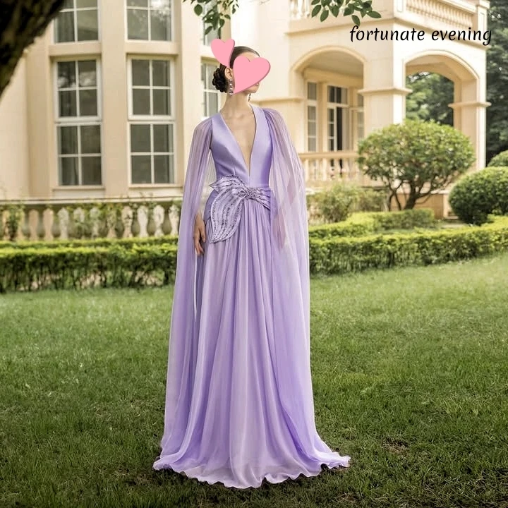 

Fortunate Evening Elegant Vintage Sweet Lilac Beads Chiffon Cape V-Neck Customize Formal Occasion Prom Dress Evening Party Gowns