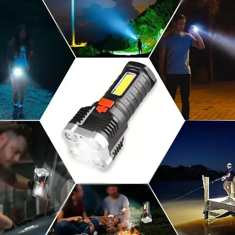 Linterna de alta potencia recargable por USB, 5 LED, luz lateral COB, 4 modos, foco de Camping, luces Flash de emergencia para exteriores de aventura