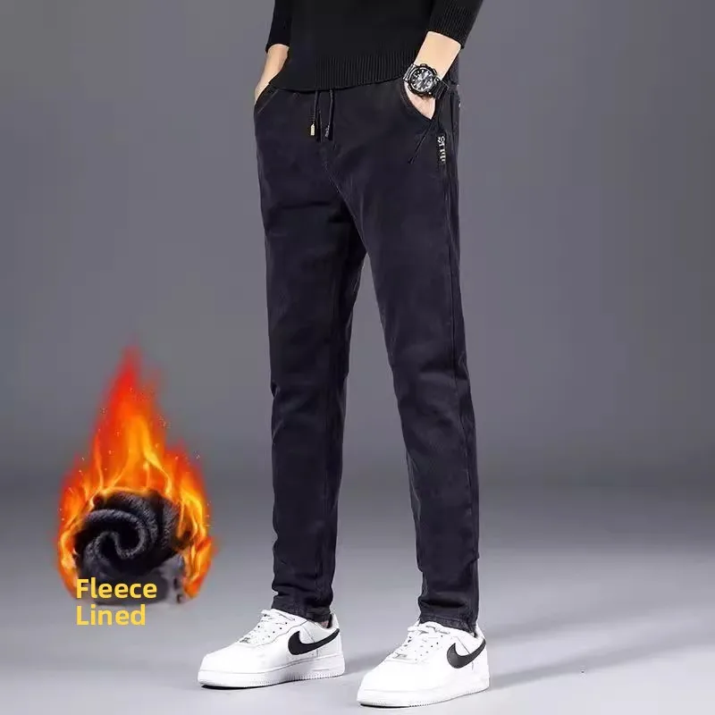 Thiened Fce forrado solto ajuste jeans masculino para trabalho outono inverno resistente ao desgaste e à prova de sujeira perna reta algodão denim