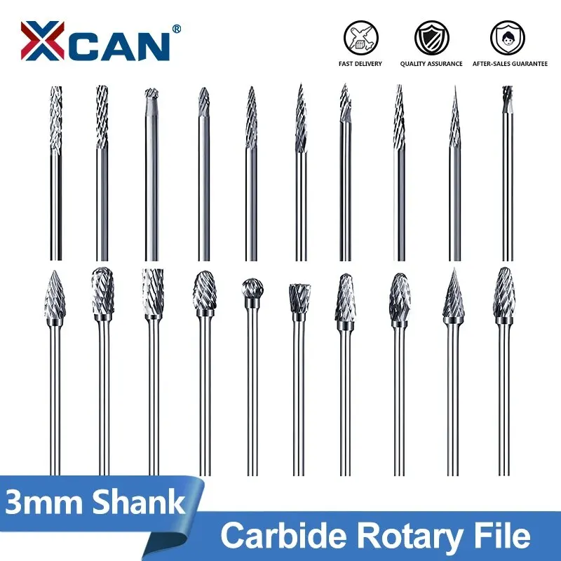 XCAN Rotary Burrs Carbide Rotary File 20pcs 3mm Shank Double Cut Milling Bit for Dremel Rotary Tools Wood Carving Engraving Tool