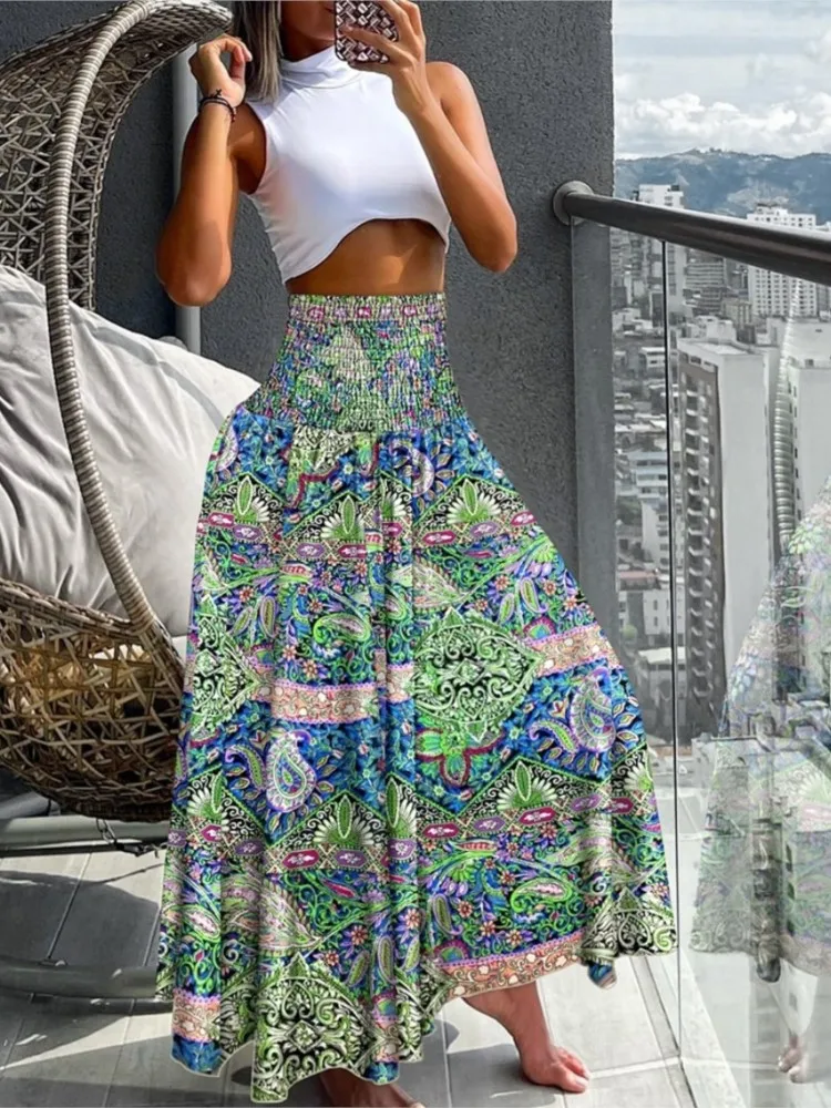 Summer High Waist Printing Elegant Skirt Women Fashion Boho Holiday Beach Skirt Female 2024 Casual Long Skirts