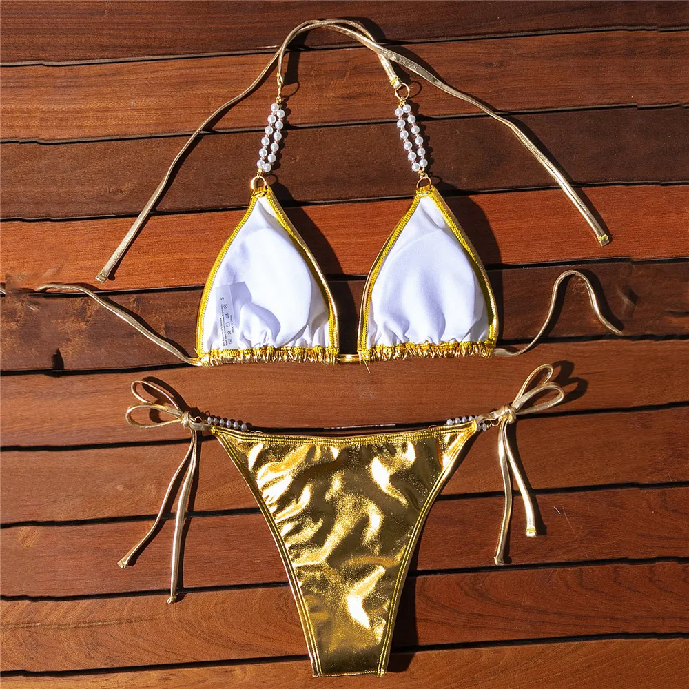 Shiny Gold Pearl Chain Halter Micro Bikini for Women Thong Sexy Swimsuit Triangle Swimwear Bathing Suit Bikinis Set 2024 Mujer