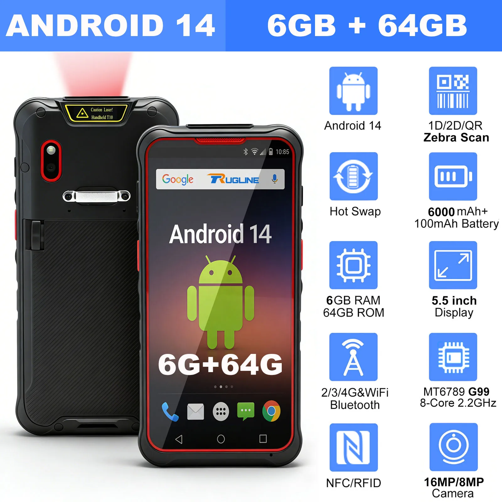 

Android 14 handheld PDA 2D QR Barcode Scanner 4G LTE WIFI BT NFC RFID Reader Waterproof Rugged PDAs POS Terminal Data Collector