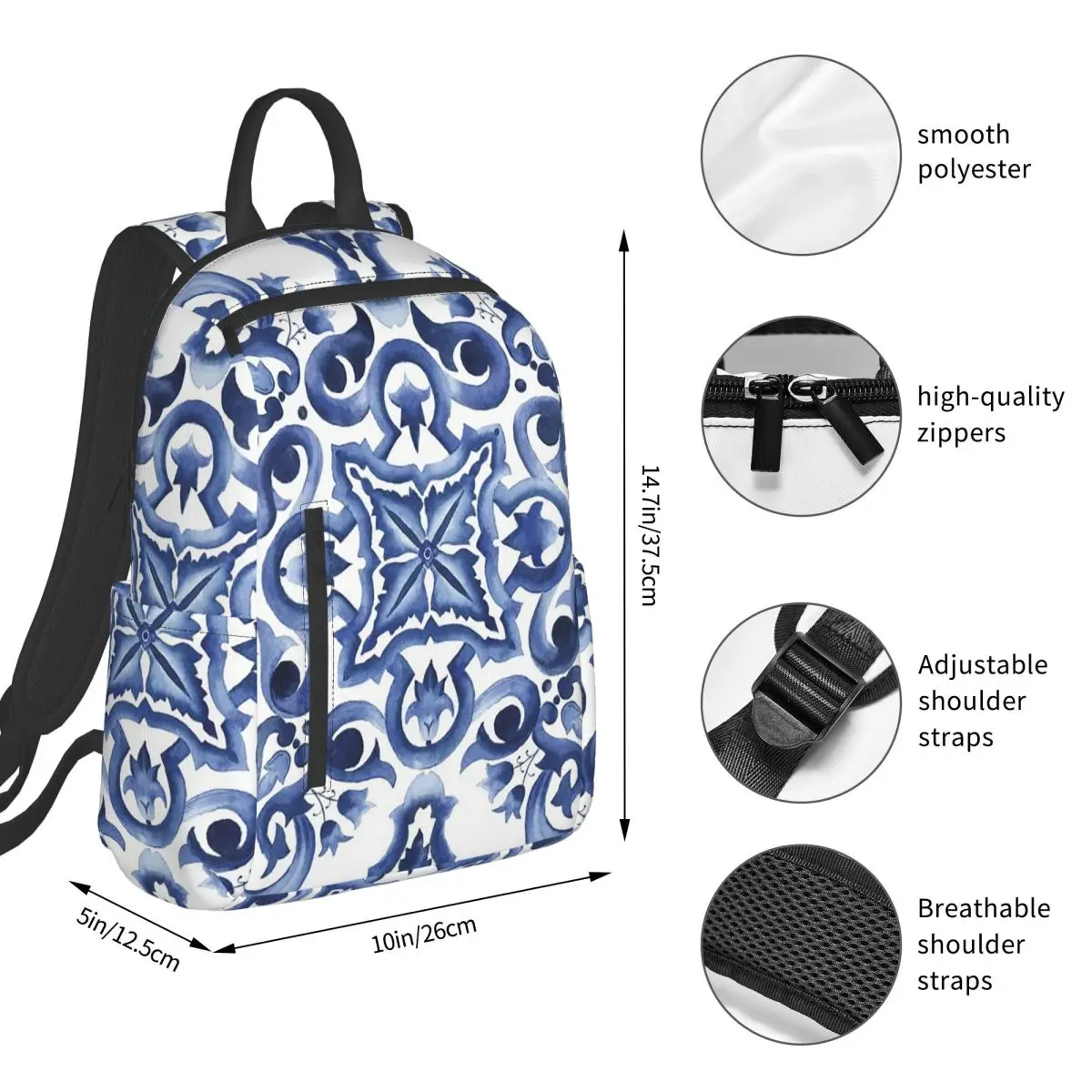Blue Ornate Floral Mediterranean Sicilian Tile Backpack Student BookBag Children School Bag Laptop Shoulder Bags Men Women