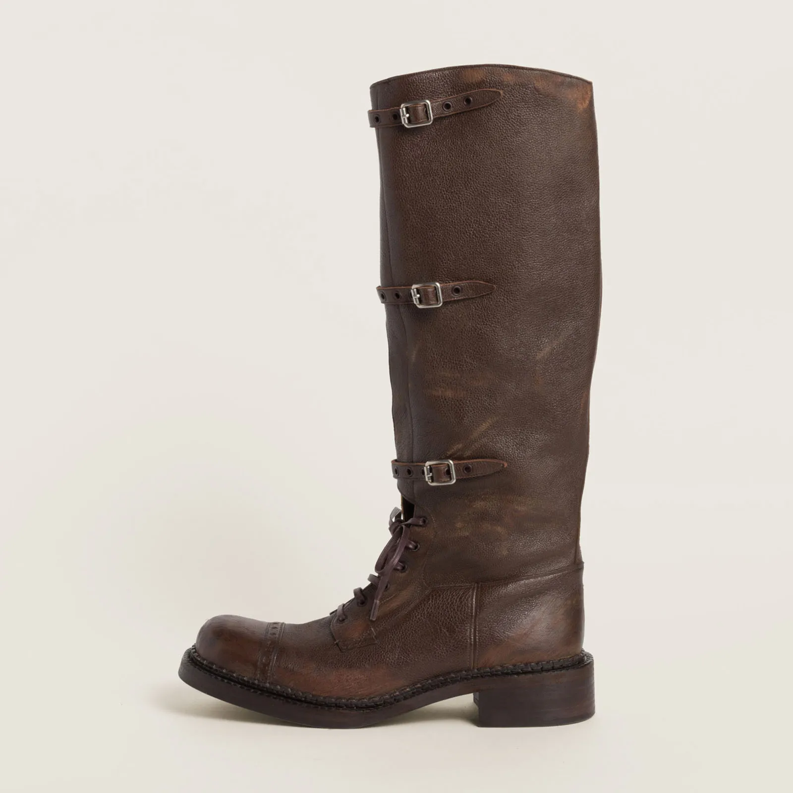 Arden Furtado Autumn platform Lace Up Knight boots Round toe Pull-on Chunky Heels Belt buckle Knee high boots Motercycle Boots