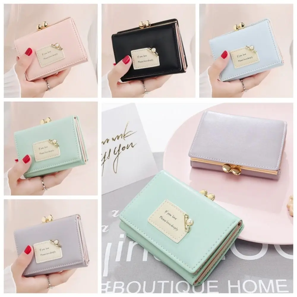 Portable Multifunctional Three Fold Wallet Pearl Square Short Wallet Change Purse Card Holder Pu Leather Coin Purse Female