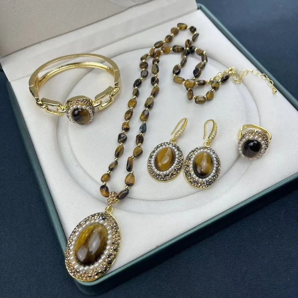 

Natural Tiger Eye Stone Women's Necklace Jewelry Set, Popular Luxury Lady Dress with Exquisite Accessories