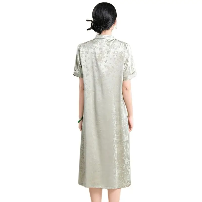 BirdTree 90% Natural Silk Vest Dresses, Women's Short Sleeve Jacquard, Elegant New Chinese Style Dress, 2024 Summer D44423QM