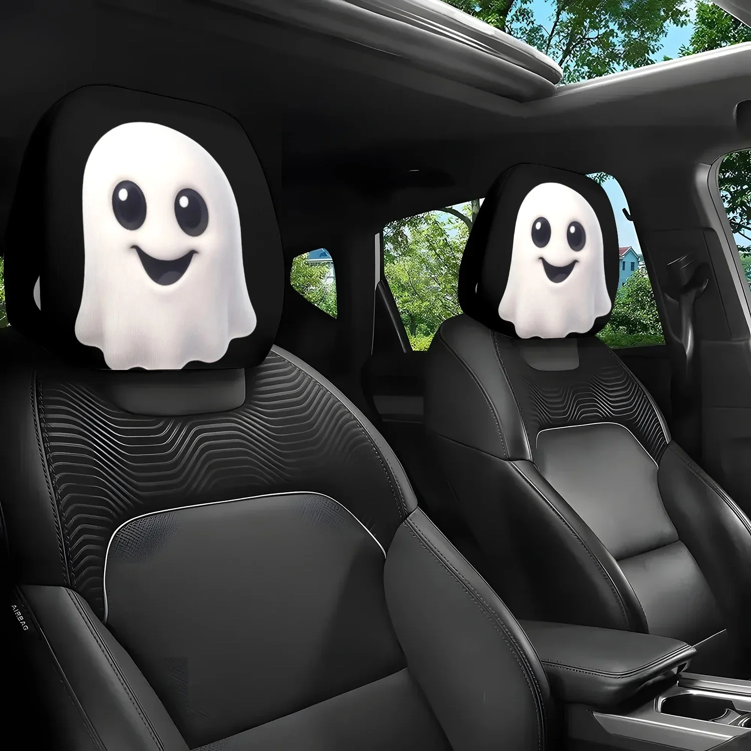 Cute Cartoon Smiling Ghost Print Car Headrest Cover, Stylish and Durable, Halloween Themed Car Interior Decor Protector