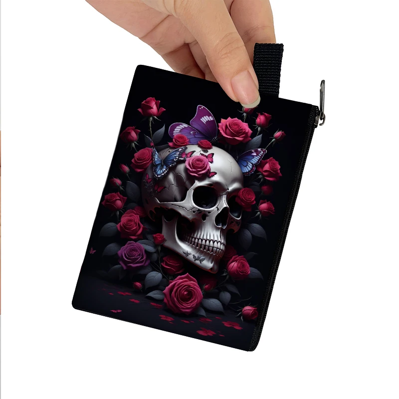 Skull Rose Butterfly Print Coin Purse Kawaii Wallets ID Credit Card Key Earphones Holder Harajuku Coin Bag Zipper Pouch