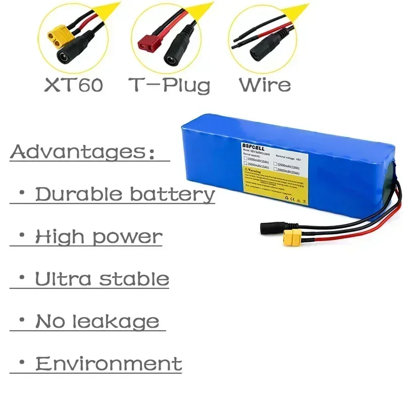 48V pack 48V Ebike Battery 13S3P 10Ah 12Ah 15Ah 20Ah T-Plug XT60 Connector and BMS lithium ion battery For 1000W electric bike