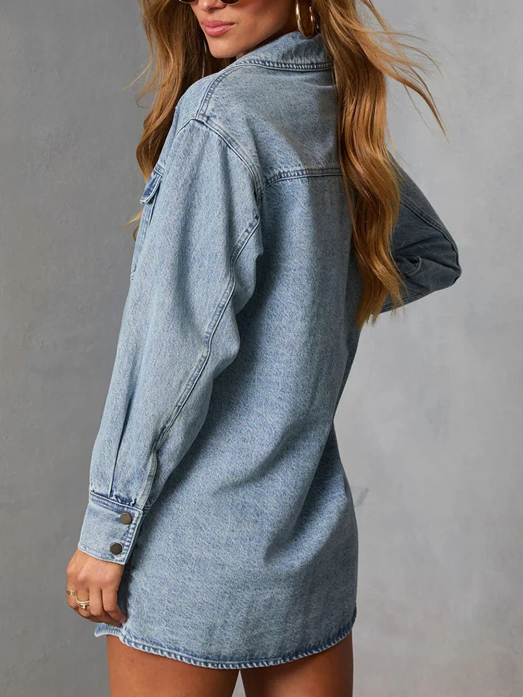 

Trendy Laple Pure Color Single Breasted Jacket Lady Simple Pocket Commute Autumn Outwear All Match Casual Long Sleeve Denim Coat