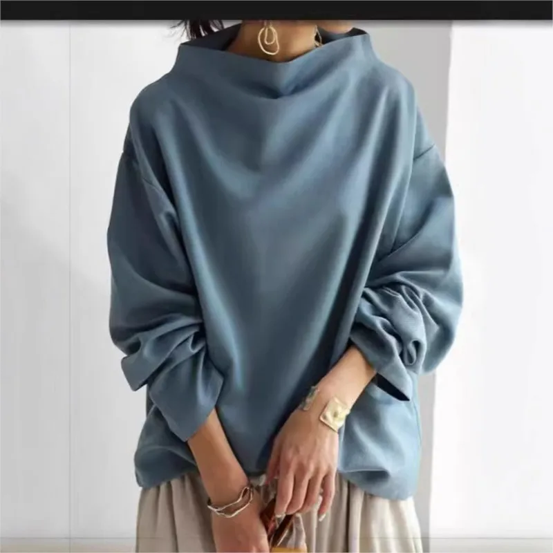 

Simple Style Female Casual Solid Color Sweatwear High-Neck Long Sleeves T-Shirt Loose Pullover Tops For Women 2025 Autumn