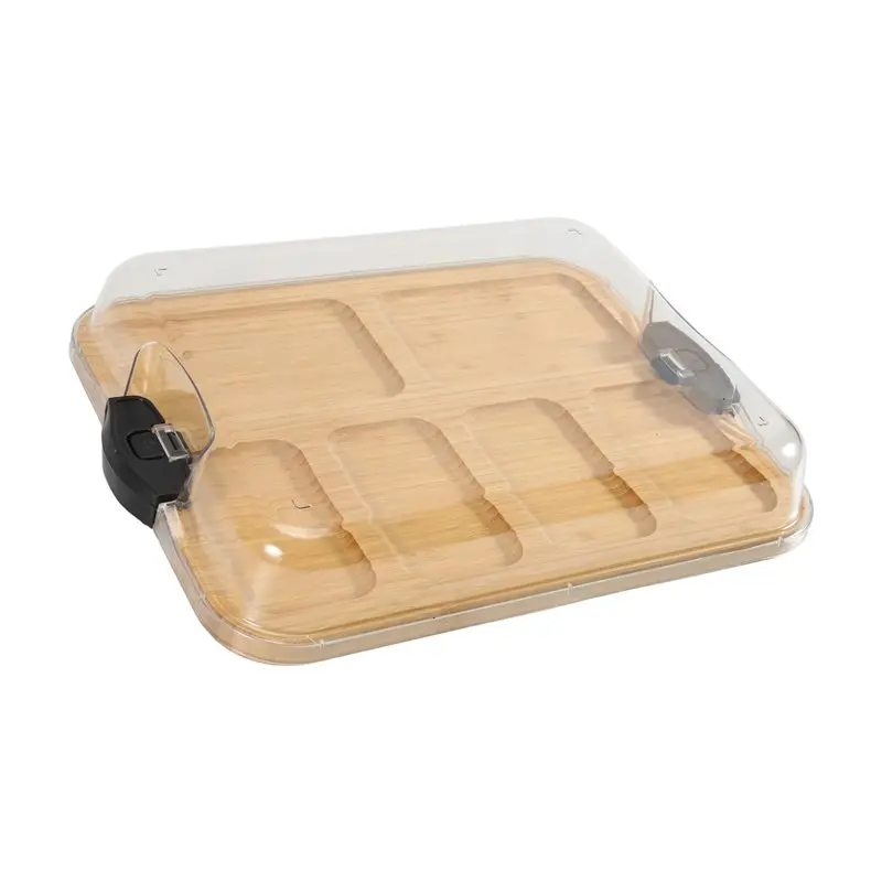 AT19-Bamboo Cutting Board With Lid, Black Handles, 11X14 Inch - Perfect For Charcuterie, Snacks, And More