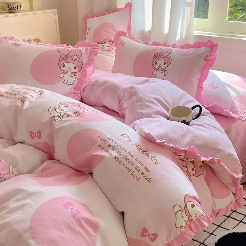 My Melody Anime Kawaii Sanrio Princess Bed 3 4-piece Set lucu Kuromi Cinnamoroll Ins Quilt penutup bantal dekorasi hadiah mainan