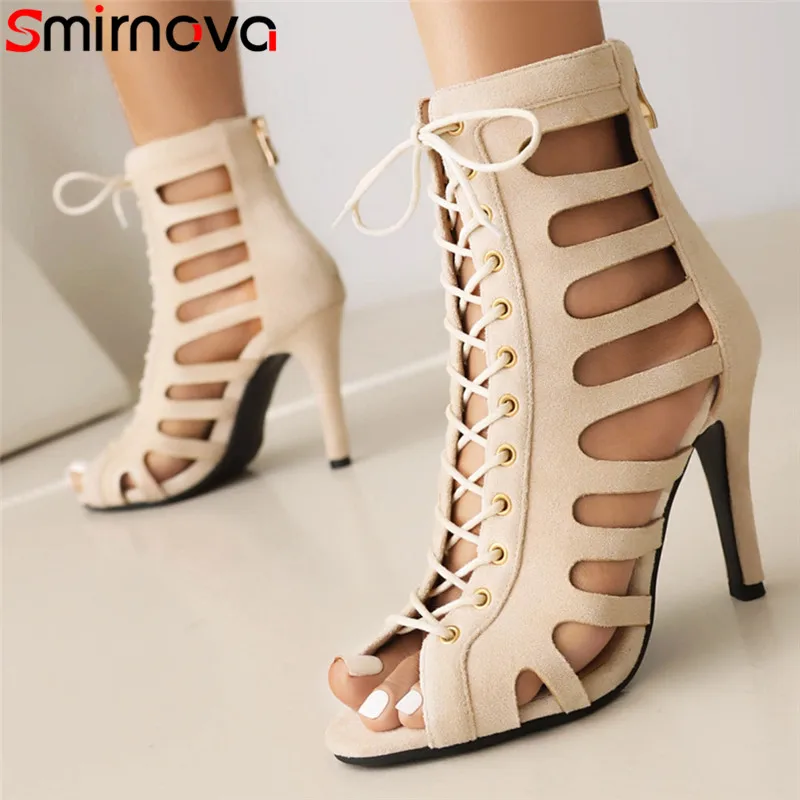 

Smirnova 2023 Size 33-46 New Peep Toe Flock Summer Boots Women Zipper Thin High Heels Shoes Narrow Band Ankle Boots