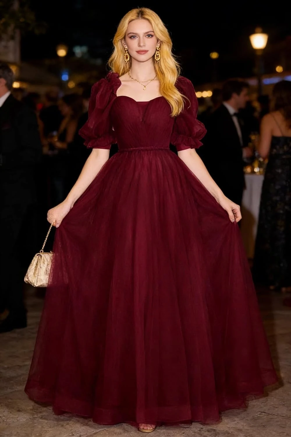 

Long Puffy Sleeve Tulle Prom Dress Sweetheart Ball Gown for Women A Line Formal Evening Party Dress Formal Dress Women Elegant