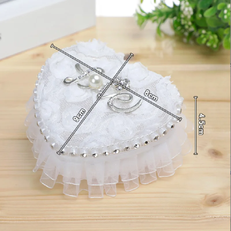 Ring Box Heart Wedding Lace Holder Pillow Ceremony Pillows Jewelry Bearer White Shape Boxes Pearl Rhinestone Case Love Proposal