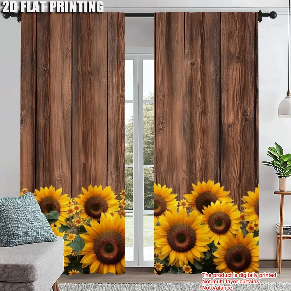 

2Pcs Sunflower Printed Curtain Rod Hole Window Treatment For Bedroom Office Kitchen Living Room Study Home Decor Polyester Heat