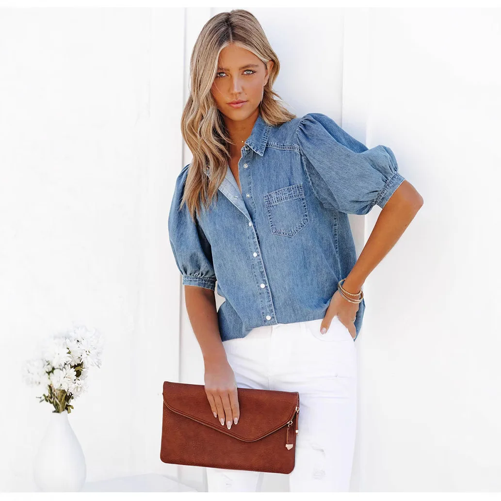 

Women's Trendy Casual Thin Denim Shirt Summer New Versatile Princess Sleeve Collar Top