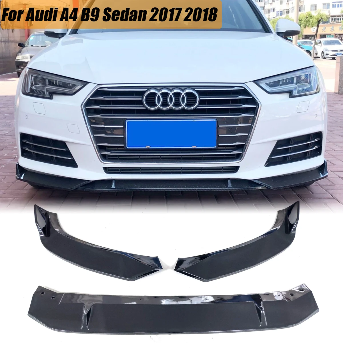 3PCS Front Bumper Lip Body Kit Spoiler Splitter Guard Cover For Audi A4 B9 Sedan 2017 2018 Car Accessories Black Carbon Look