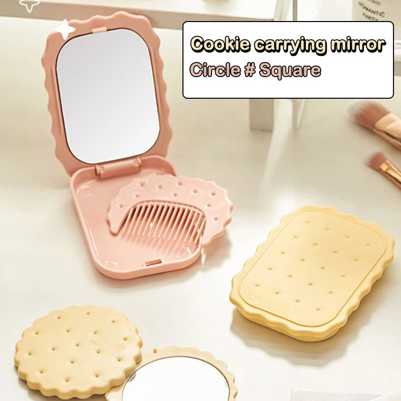 Miroir de Maquillage Créatif en Forme de Biscuit avec Peigne, Petit, Portable, de Poche, de Voyage, Carré, pour l'Extérieur, pour Femme et Fille