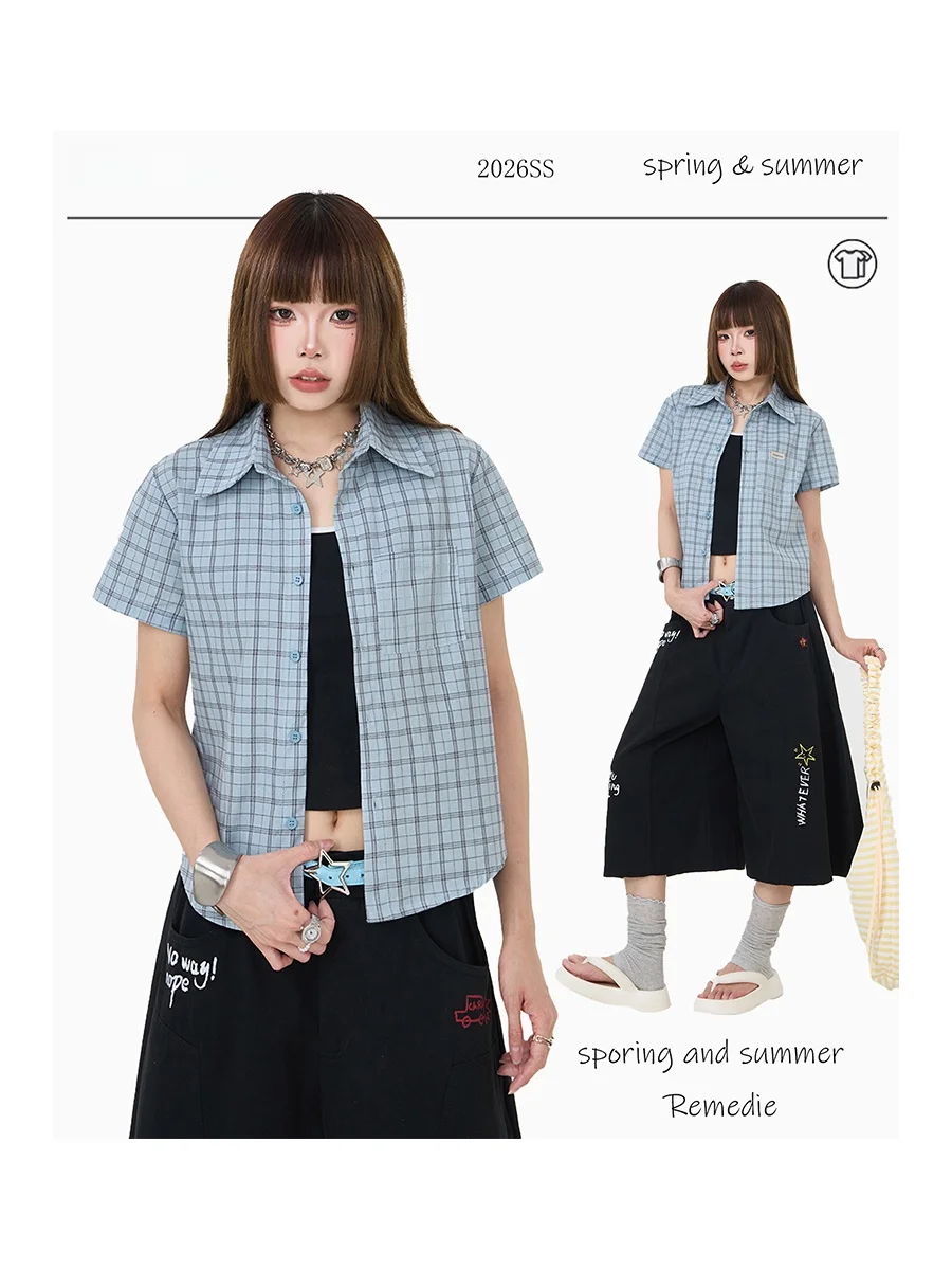 

American Style Slim Fit Short Sleeve Shirt Women's Casual Design Summer Blue Plaid Shirt Shoulder Length Girl's Fashion