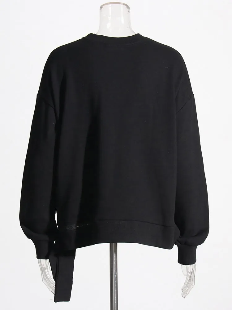 KBQ Asymmetrical Spliced Zipper Sweatshirt For Women Round Neck Long Sleeve Loose Solid Casual Pullover Sweatshirts Female New