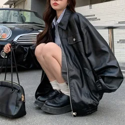 Jaqueta de couro preto vintage para mulheres, jaquetas de moto com zíper estilo gótico grande, casacos de motocicleta streetwear coreano