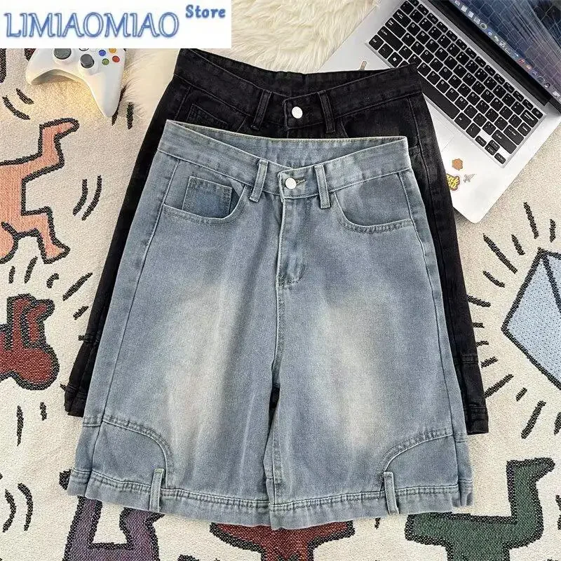 

Women's Reverse Design High Waisted Unisex Denim Shorts Girl Vintage Knee Length Trousers Summer Female Fashion Cropped Pants