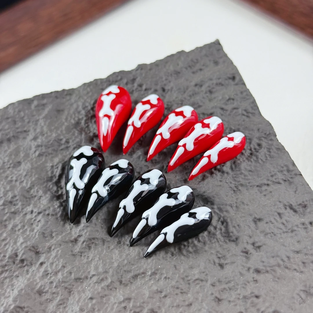 10pcs High-end Sweet and cool girl style, hand-painted bone patterns, red and black contrast, dragon claws handmade fake nails