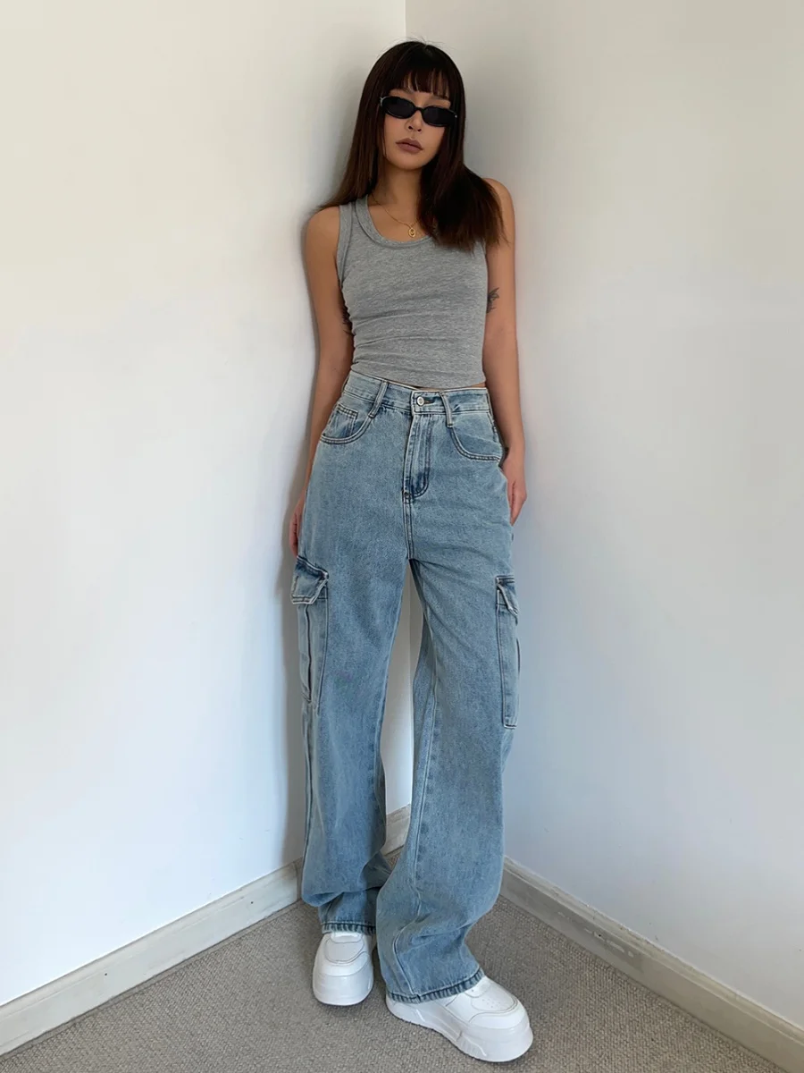 

Прохладные красные женские джинсовые джинсы с высокой талией, летние винтажные свободные повседневные тонкие прямые длинные брюки, широкая рабочая одежда