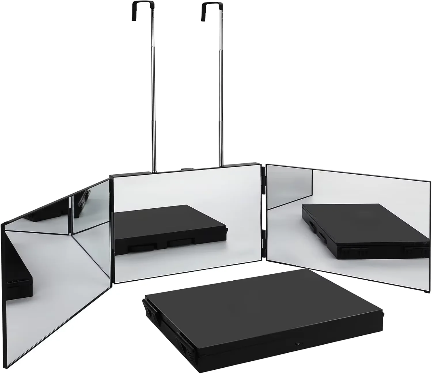 360-driebladige spiegel, draagbaar met in hoogte verstelbare telescopische haken, ideaal voor zelfhaarknippen, make-up, essentieel doorwaadbaar