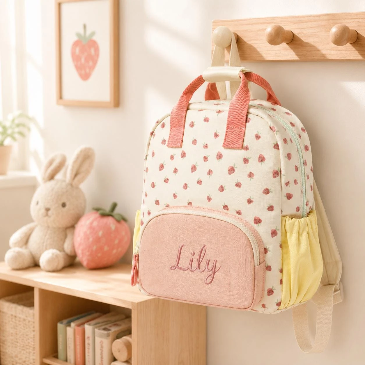 Personalisierte, modische, süße Erdbeer-Rucksacktasche aus Canvas mit besticktem Namen für Kleinkinder, personalisiertes Geschenk für Mädchen zum Schulbeginn – Detail 4