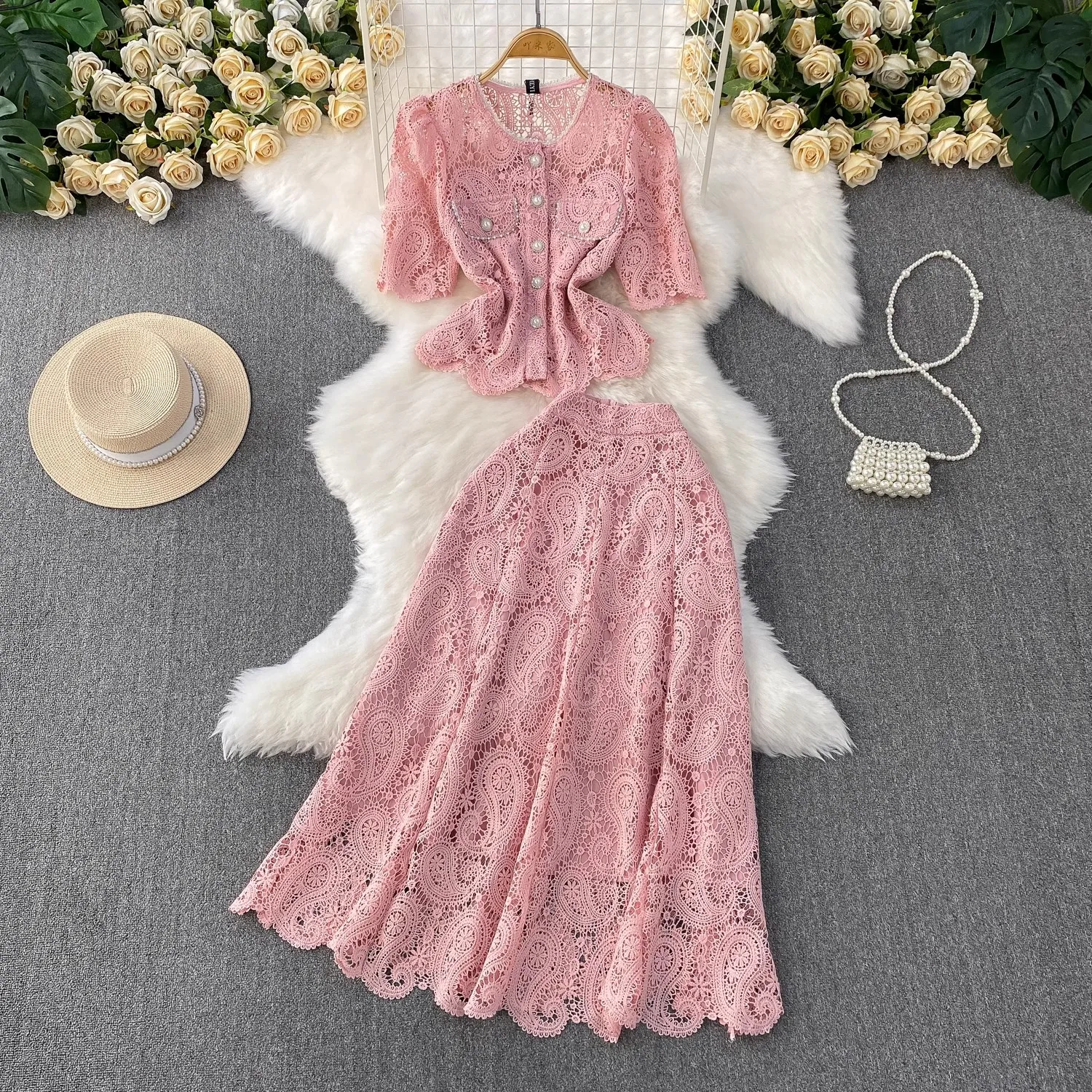 

Brand Designer Summer Holiday Flower Embroidery Lace Two Piece Sets Women Beaded Pearls Button Tops + Midi Long Skirts Suits