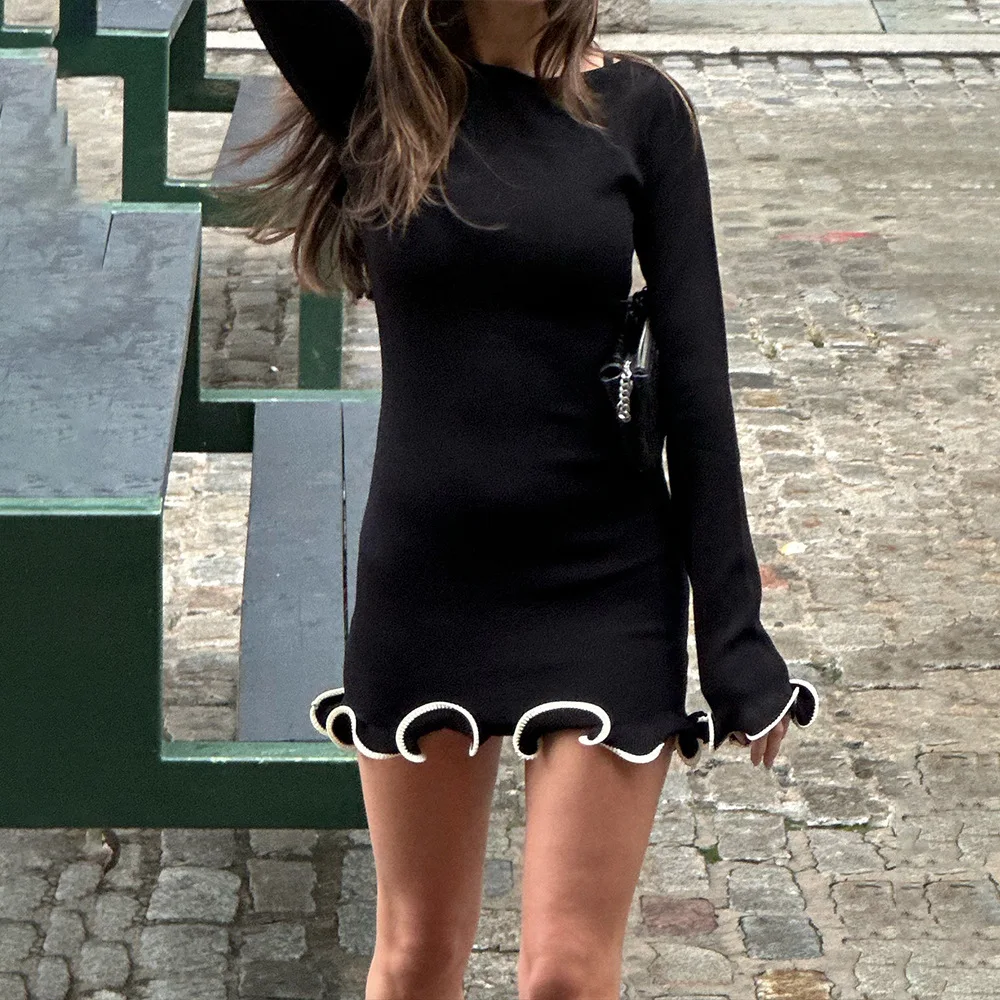 2025 Fall/Winter Sensual Ruffled Knit Bodycon Dress Flirty Long Sleeve Smocked Mini with Sheer Hem Party & Daily Wear