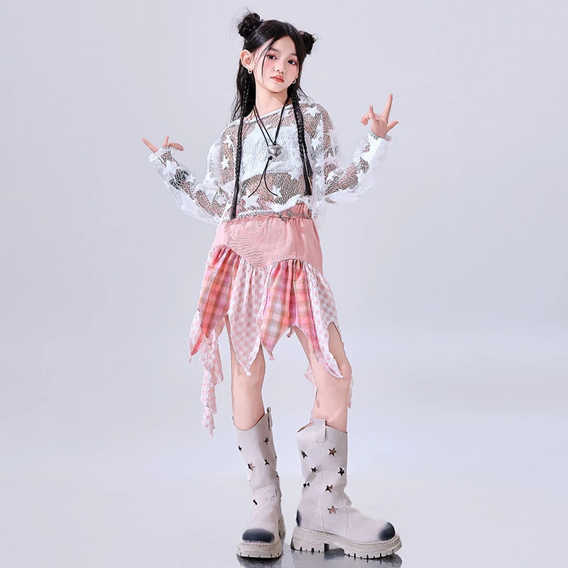2023 sommer Mädchen Jazz Dance Kleidung Cheerleader Dance Show Kostüm Weiße Spitze Tops Rosa Unregelmäßigen Rock Kpop Straße Tragen BL 15775
