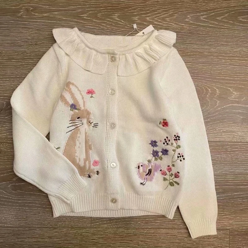 Jumping Meters Toddlers White Flowers Rabbit Baby Knitted Cardigans Girls Winter Clothes Children\'s Sweaters 2-7 years