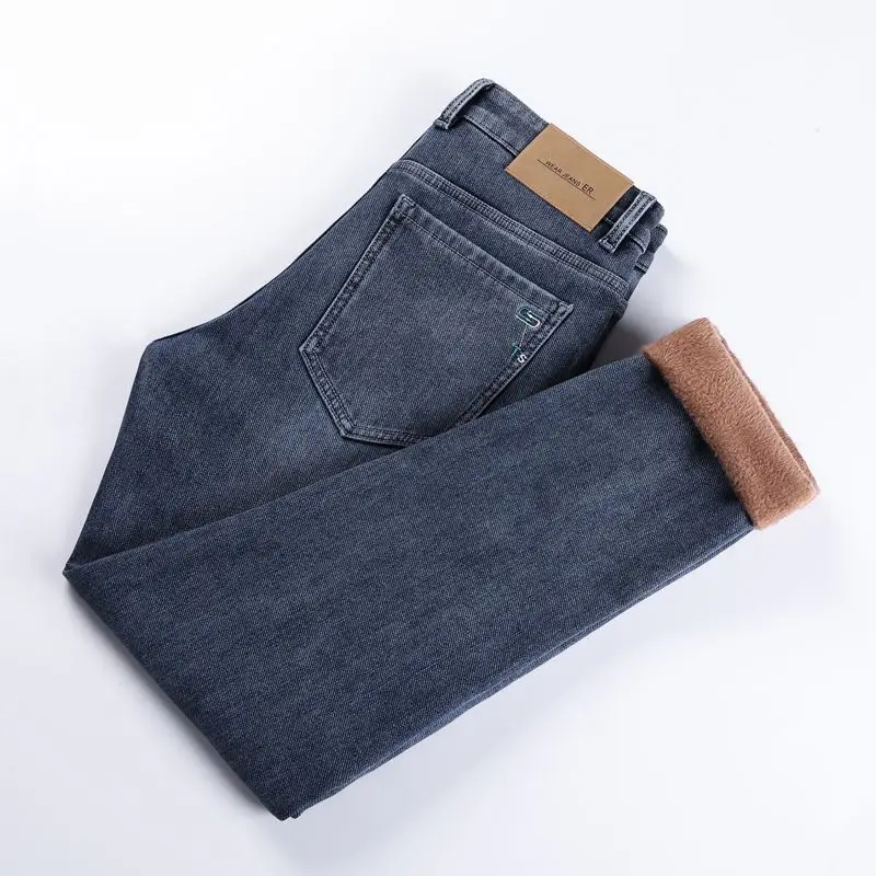 شتاء دافئ الرجال الجينز الصوف رشاقته سليم مطاطا مستقيم الدينيم السراويل الكورية موضة الشباب أفخم المخملية بناطيل كاجوال #6