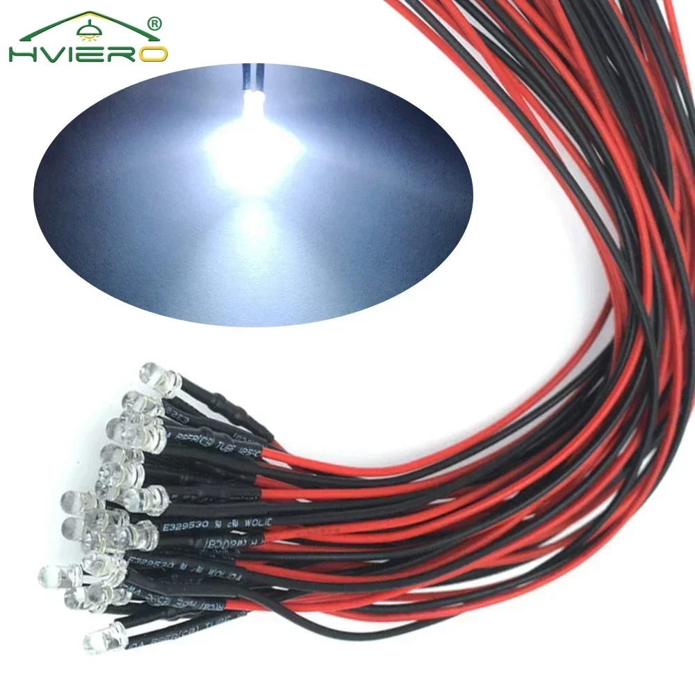 10Pcs 3mm 20CM Pre-wired LED Round Bulb 1.8-3.4V Transparent Cable DC 12V White Decorative Water Clear Super Bright Diode Light