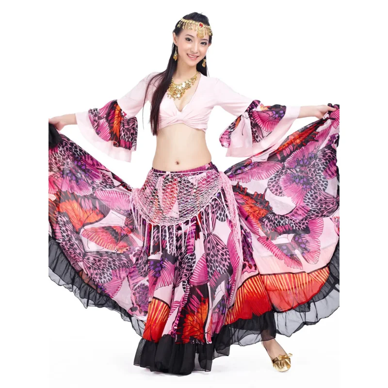 

Gypsy Swing Skirt Chiffon Big Circle Belly Dance Costume Outfit Print Choli Top Wrap Blouse Horn Sleeve Dancer Performance Show