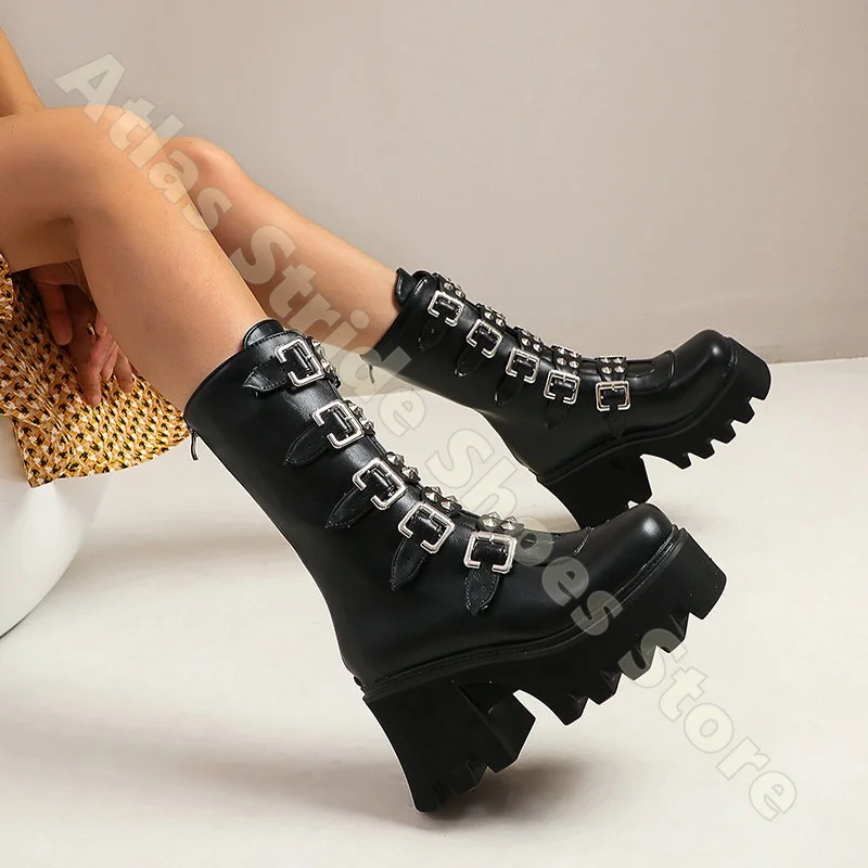 

Women Mid Calf Boots Y2K Platform Chunky Heel Motorcycle Rivet Buckle Boots Faux Leather Gothic Punk Lace Up Party Clubwear Boot