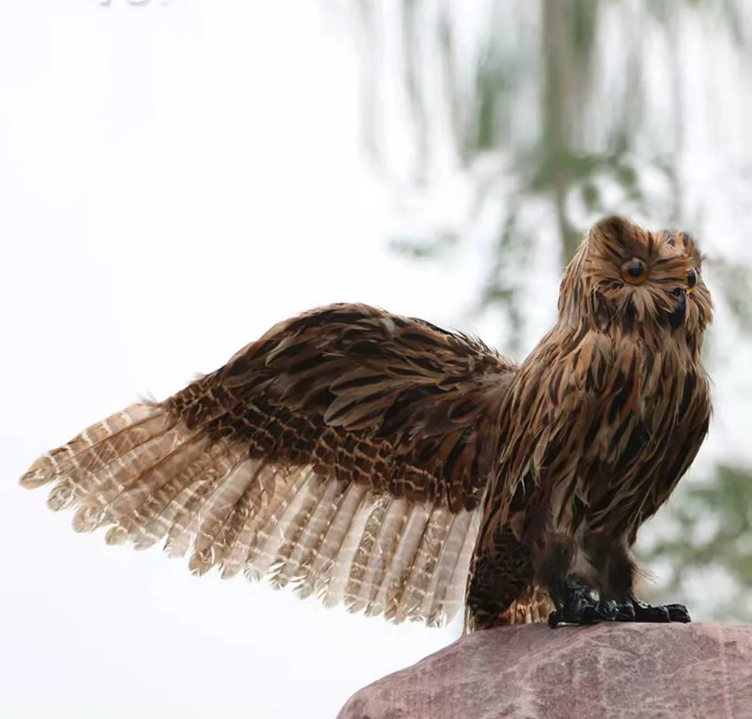 

About 30X60cm foam&furs real life brown wings owl bird model home garden decoration gift xf2793