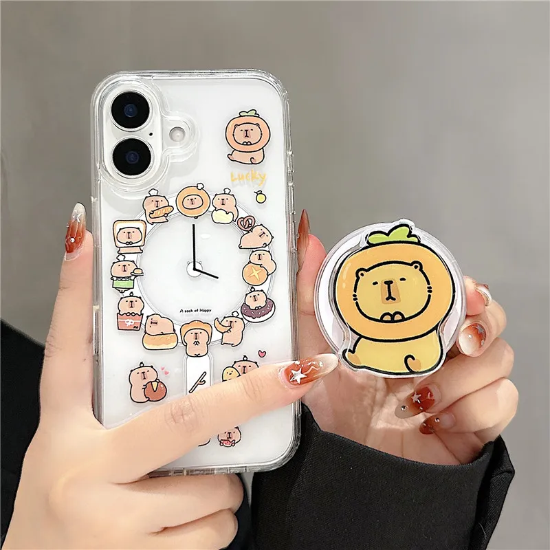 

Cute Cartoon Capybara alarm clock Phone Case for iPhone 13 14 15 16 Pro Max Lucky For Magsafe Magnetic Wireless Charge Cover