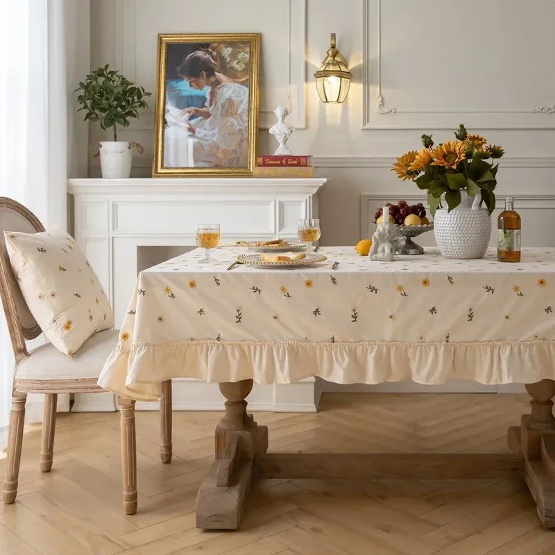 Table Cloth Cotton Apricot Embroidery Folded Leaf Fungus Light Luxury Circular Tea Table Dining Tablecloth