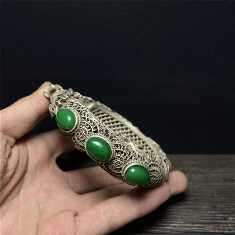 Qing Dynasty Old Silver Jewelry Hollow out Silver Bracelet Embedded in Old Jade Folk Custom Yaozhai Antique Open Transfer Bracel