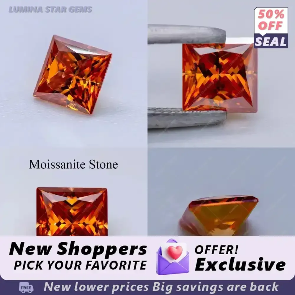 

Lab Grown Moissanite Stone Princess Cut Orange Gemstone for Jewelry Making Charms DIY Craft with Certificate for Women Lab