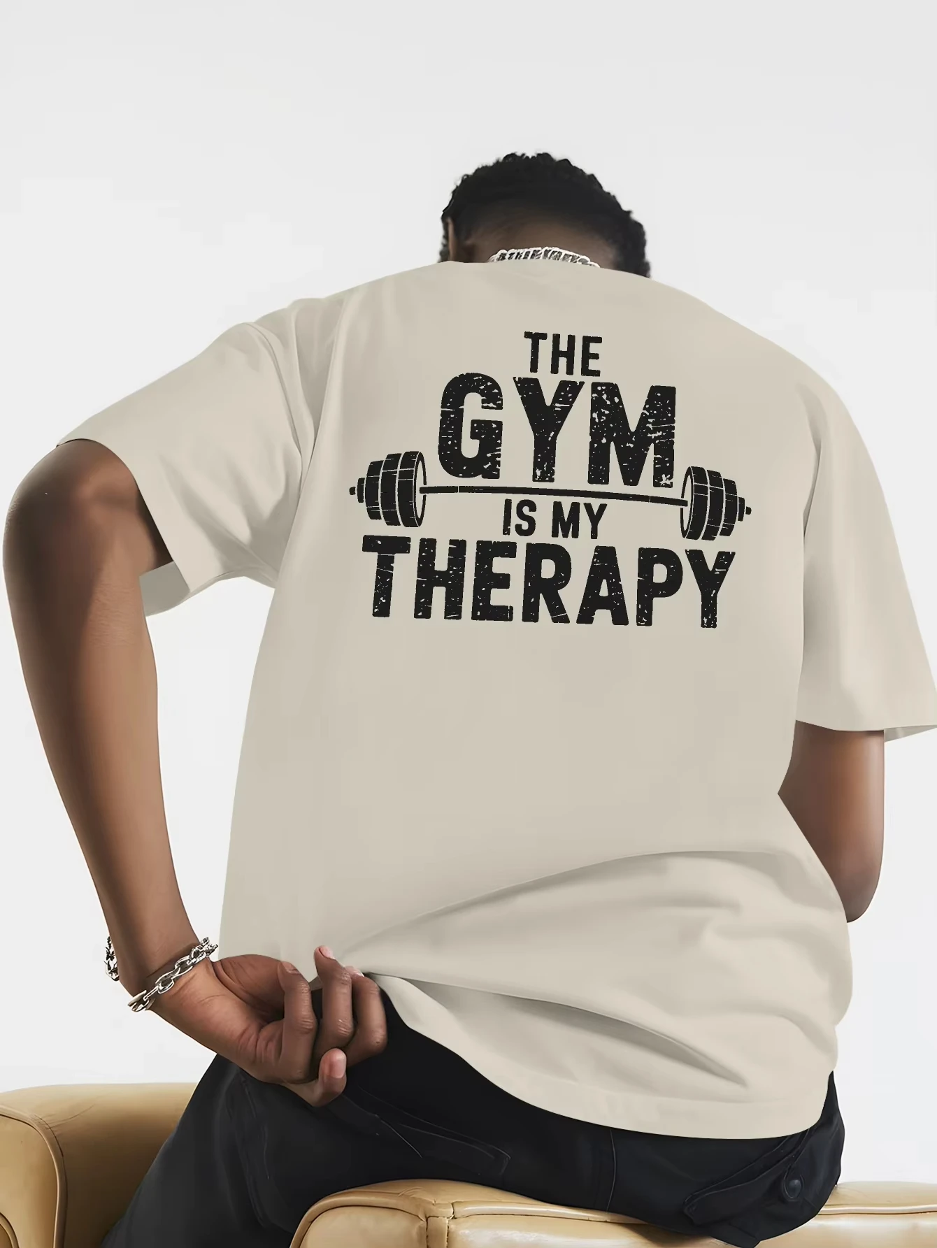 Unisex T‑shirt Gym Is My Therapy Barbell Quote Graphic Tee Crew Neck Short Sleeve Fitness Workout Casual Streetwear Top