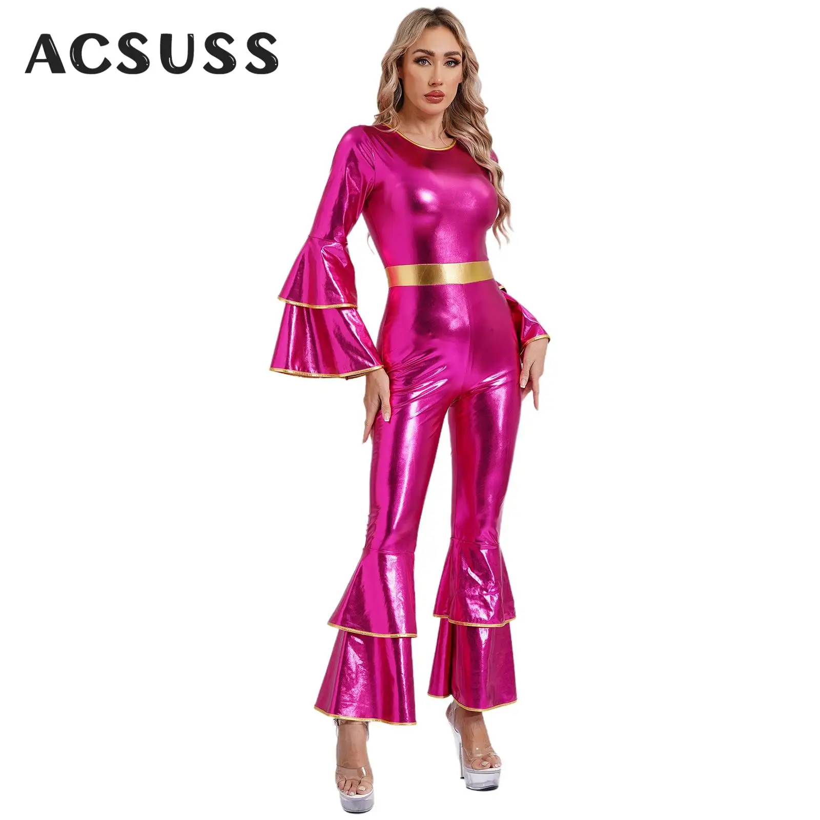 Women Vintage 70S Disco Dancewear Jumpsuit Hippie Metallic Flare Sleeve Romper Bell Bottom Costumes for Carnival Musical Party